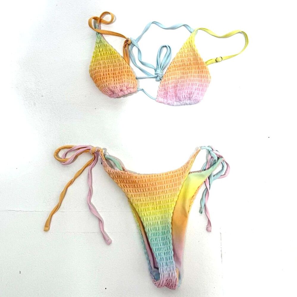pastel rainbow rouched string bikini